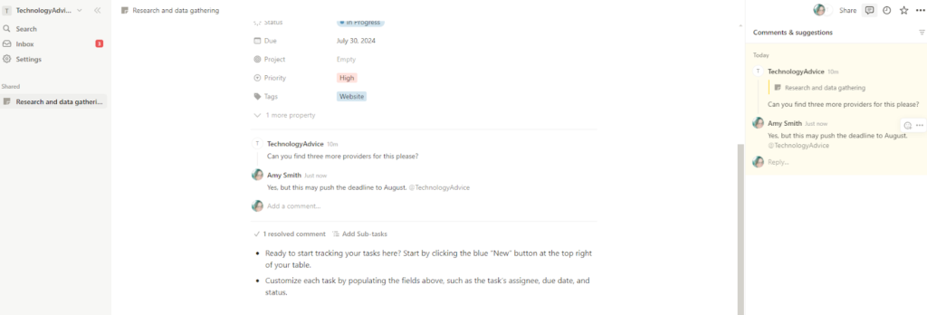 An open task in the Notion platform with the comments and suggestions section open to show comments by two users.