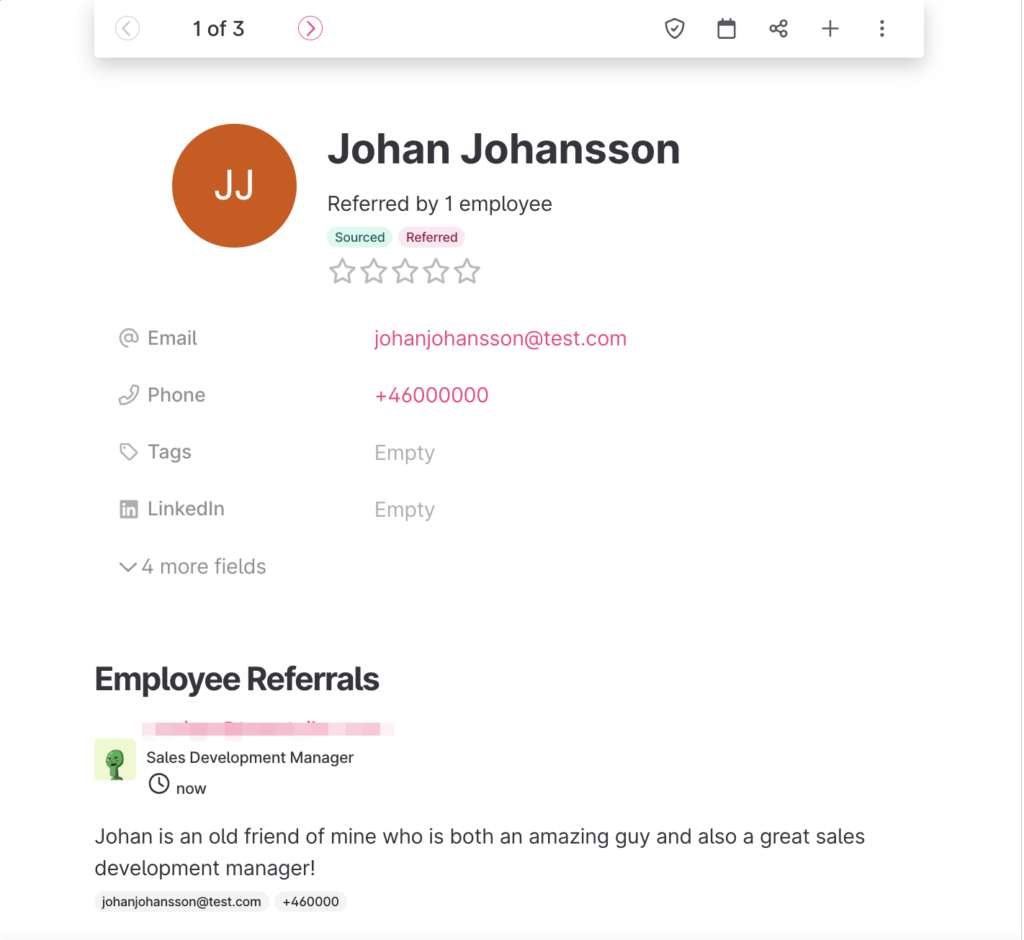 Teamtailor displays a candidate named Johan Johansson, who was referred by an employee. The candidate’s email address and phone number are on the screen, along with a note from the employee who referred Johan.