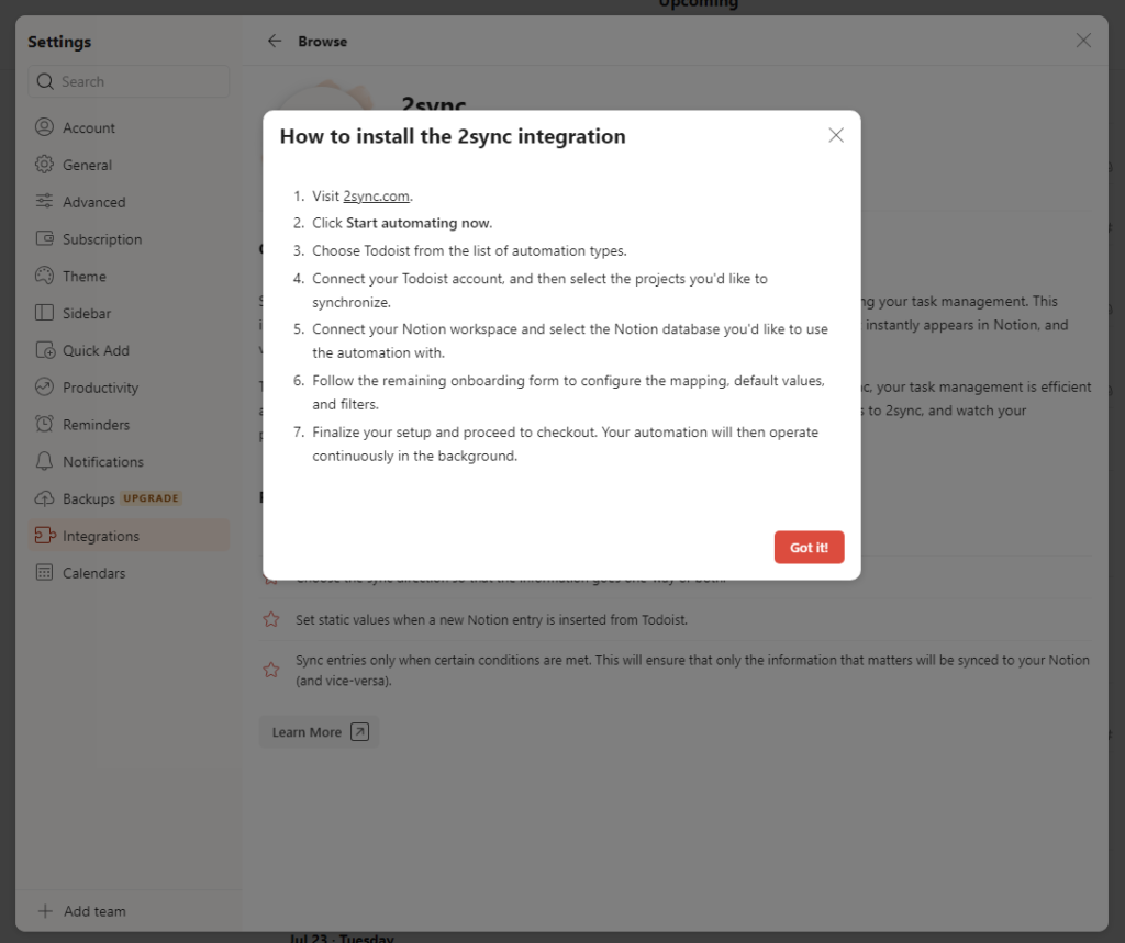 A window with instructions on how to integrate 2sync with Todoist in a Todoist platform.