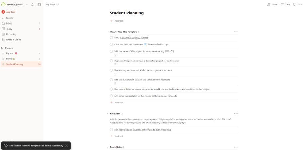 An example of a student planning template loaded into a Todoist project.