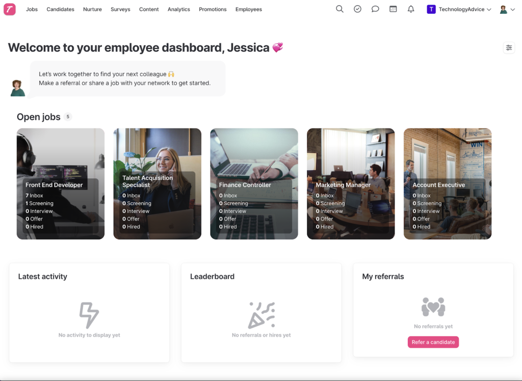 Teamtailor displays an employee dashboard with cards showing open company roles at the top and widgets displaying the latest activity, referral leaderboards, and the employee's referrals at the bottom.