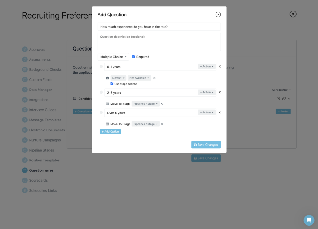 Breezy HR displays a pop-up window titled "Add Question" with dropdown menus to move a candidate to a pipeline stage based on their answer to the question, "How much experience do you have in the role?"
