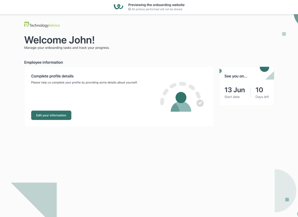 Workable displays a preview of a company's onboarding website with the message "Welcome John!" at the top and a button reading "Edit your information" to provide employee personal details.