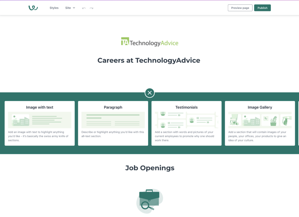Workable displays the TechnologyAdvice careers page with the TechnologyAdvice logo at the top and customizable blocks in the middle to add text, images, testimonials, and image galleries.