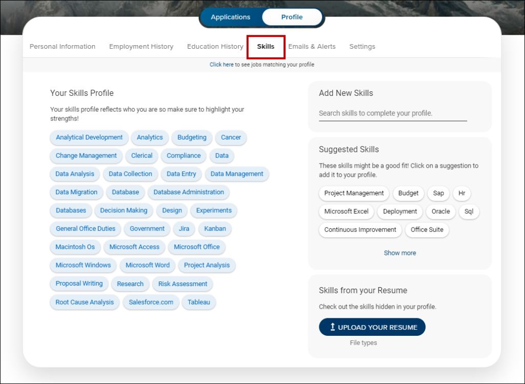 iCIMS displays the opportunity marketplace employee skills dashboard with a list of skills on the left and fields to add new skills, select suggested skills, and upload a résumé on the right.