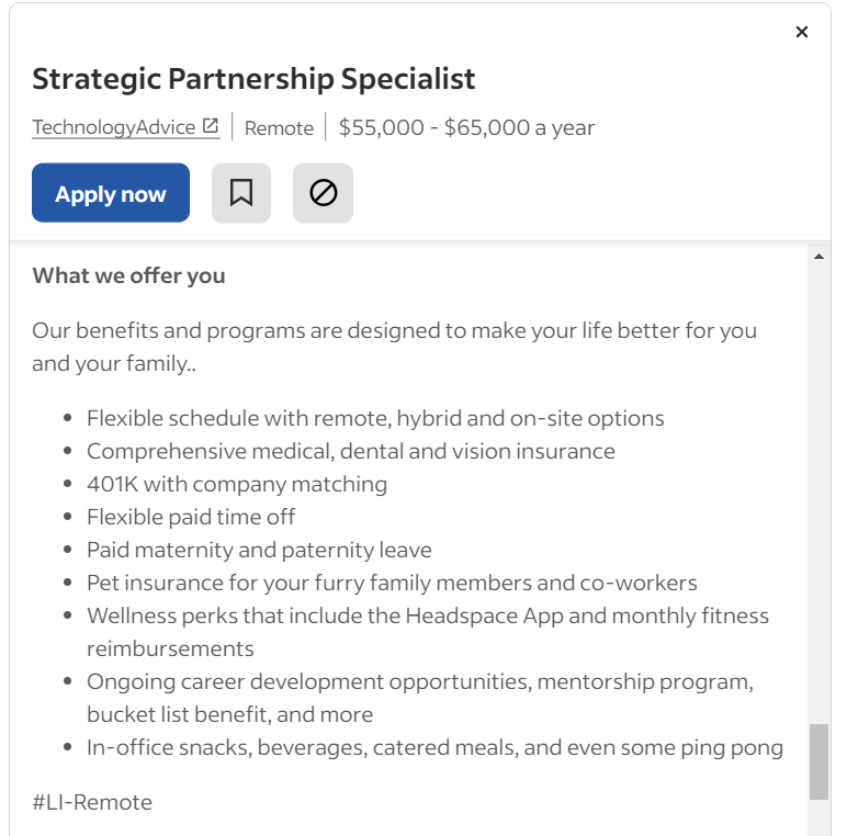 Indeed displays a list of employee benefits for a Strategic Partnership Specialist in a TechnologyAdvice job posting.