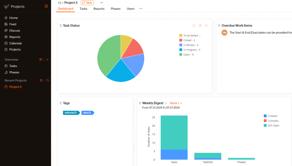 An example of a project dashboard in Zoho Projects that includes tags, task status, overdue work items, and a weekly digest of tasks and their statuses.