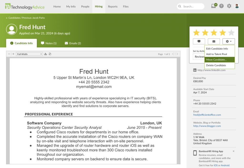 BambooHR displays a résumé for a candidate named Fred Hunt in the middle, tabs for candidate info, notes, and emails at the top, and the candidate's star rating and demographic info on the right.