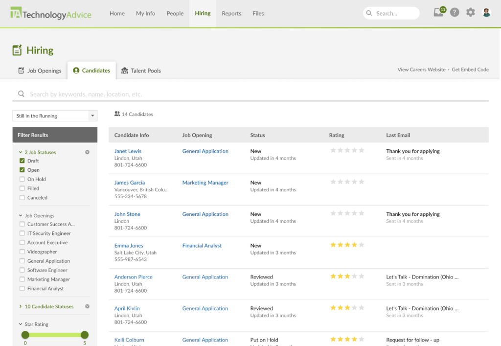 BambooHR displays its candidate's dashboard with filters like job status and star rating on the left, plus a list in the middle of candidate names, job openings, statuses, star ratings, and last email.