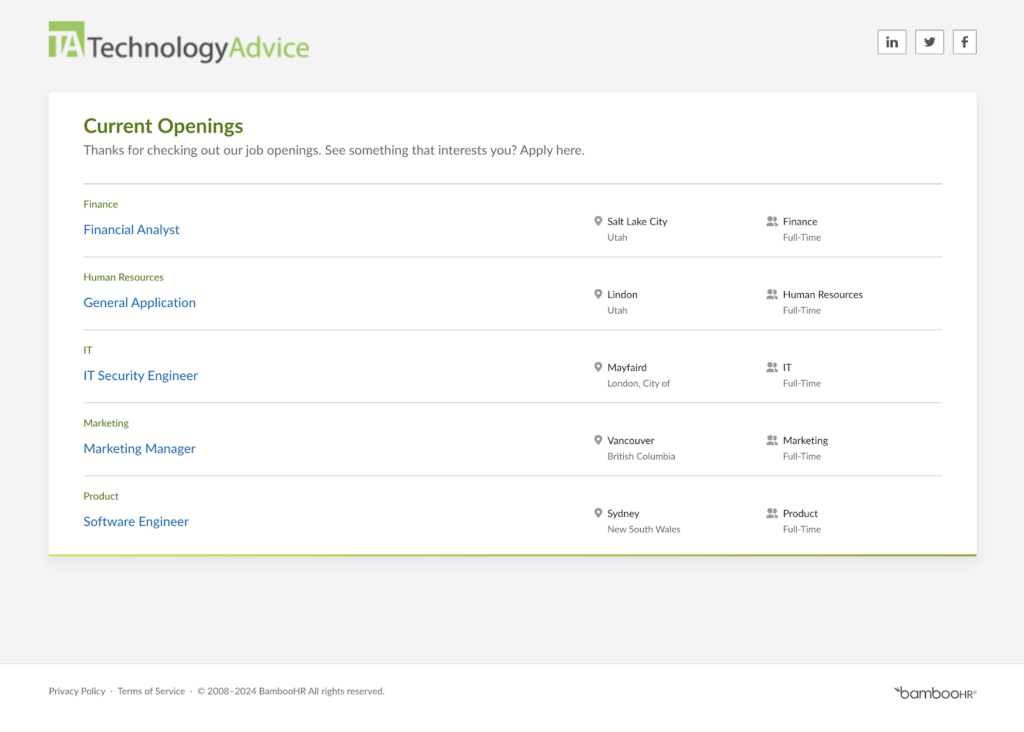 BambooHR's career page displays the TechnologyAdvice logo at the top, plus a list of current openings, including financial analyst, IT security engineer, and marketing manager.