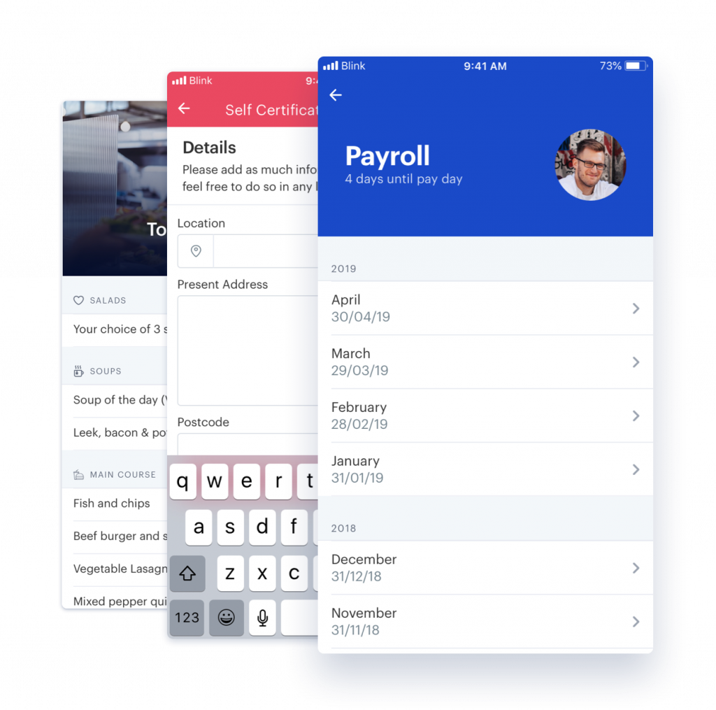 Blink's mobile app displays three different windows for an employee's payroll records, location information, and food preferences.