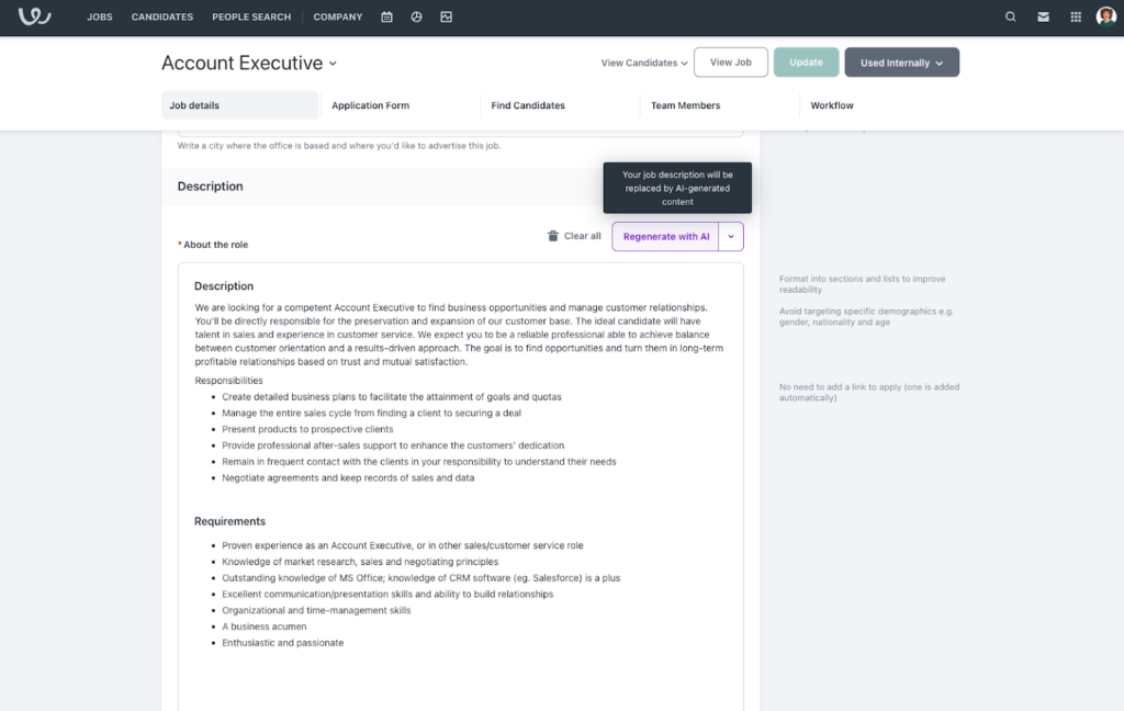 Workable displays a text box with a job description for an Account Executive plus a purple "regenerate with AI" button with a tool tip reading "Your job description will be replaced by AI-generated content" above the text box.