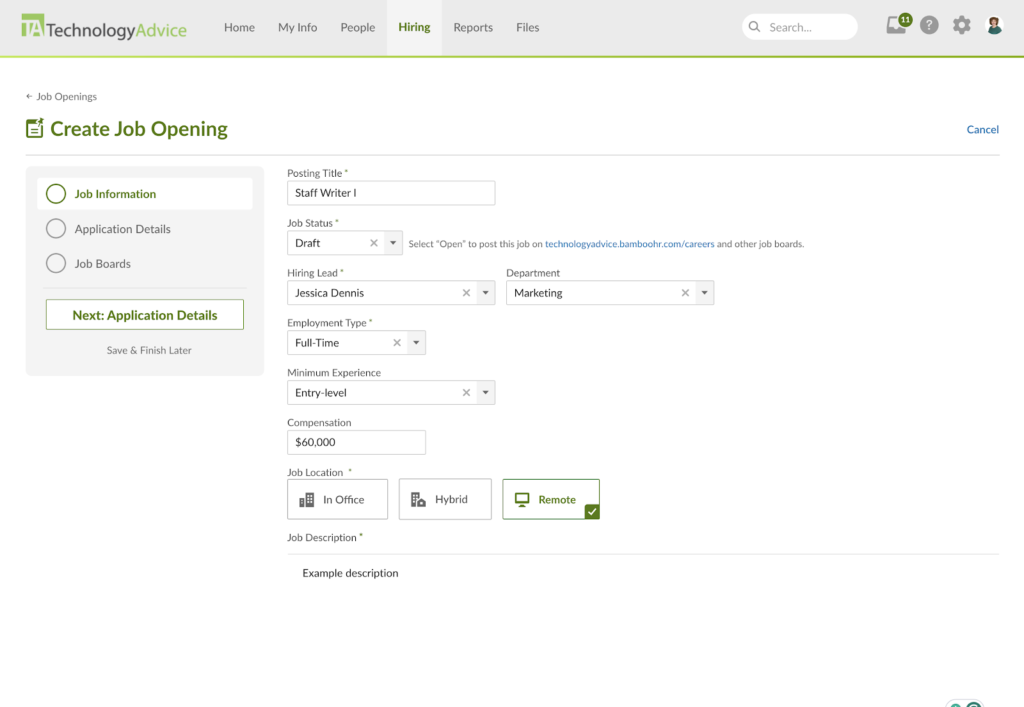 BambooHR displays its create a job opening page with a list of steps, including job information, application details, and job search on the left plus fields like posting title, job status, hiring lead, department, and compensation in the middle filled in with data about an open Staff Writer I position.