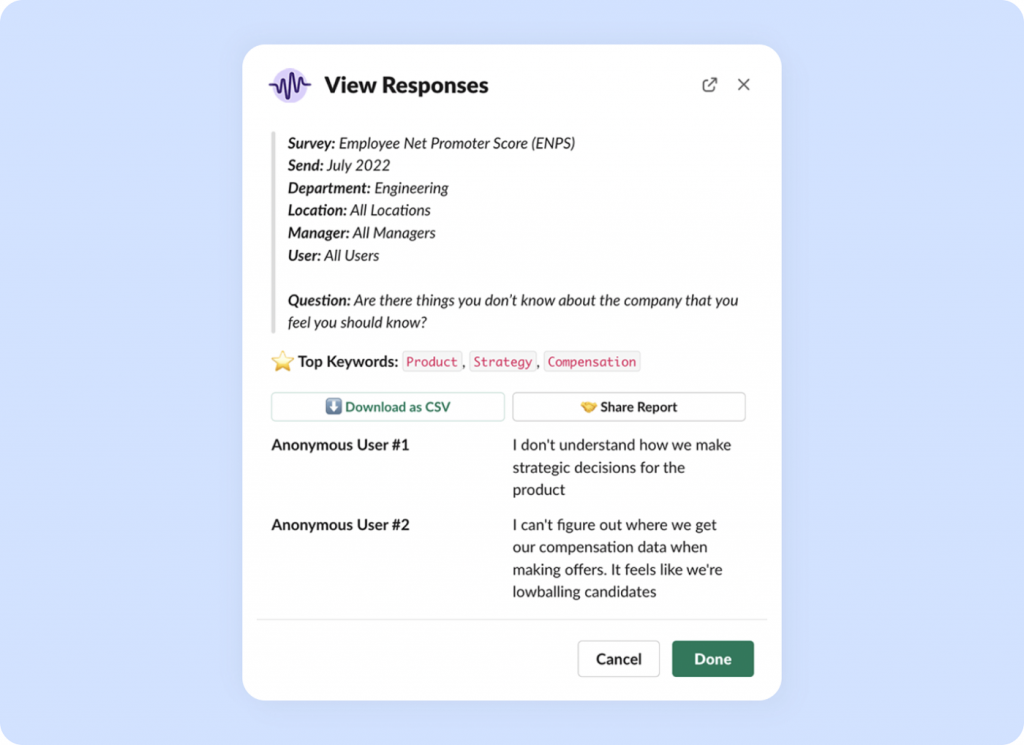 Deel displays a window with eNPS survey responses that can be downloaded or shared.