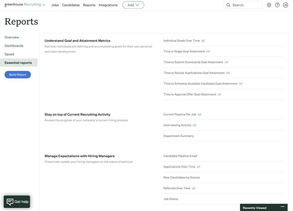 Greenhouse displays its reports dashboard with a list of essential reports to choose from, such as individual goals over time, current pipeline per job, department summary, candidate pipeline email, and candidates by source.