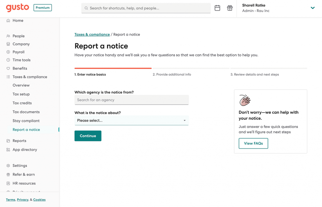 Gusto displays its “report a notice” dashboard with two questions: "Which agency is the notice from?" and "What is the notice about?"