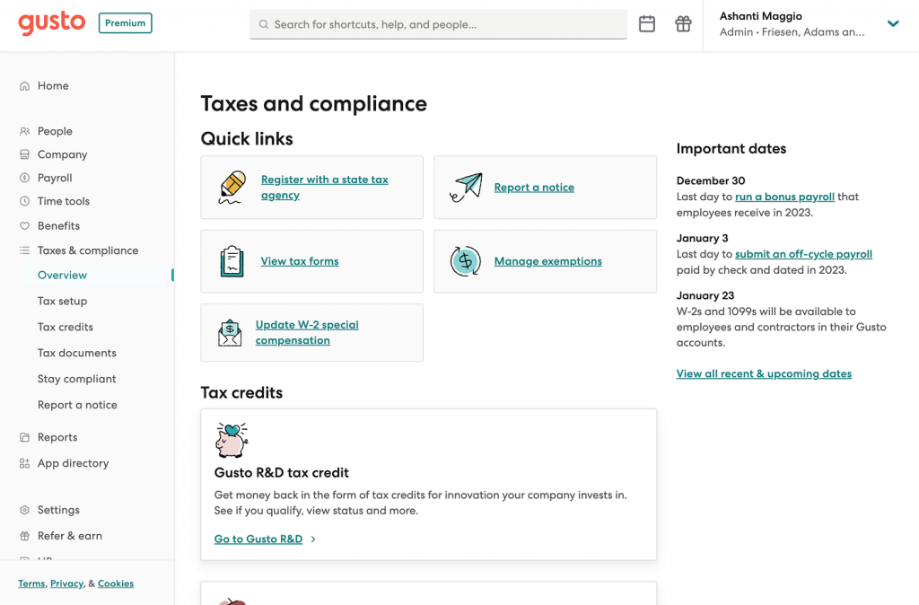 Gusto displays its taxes and compliance dashboard with links to register with a state agency, report a notice, view tax forms, manage exemptions, and R&D tax credits.
