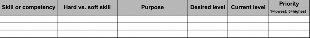 Example spreadsheet setup listing out the skill, purpose, desired level, current level, and priority for team analysis.