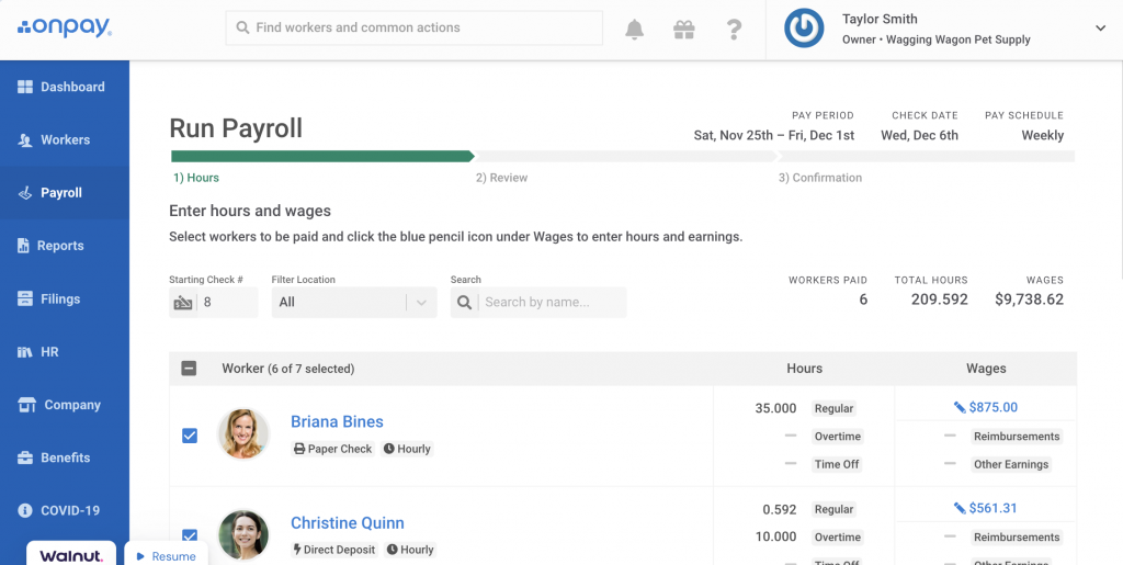 OnPay displays a payroll dashboard with a progress bar, a list of employees, and a pencil icon next to each employee's gross wages to edit their hours and earnings.