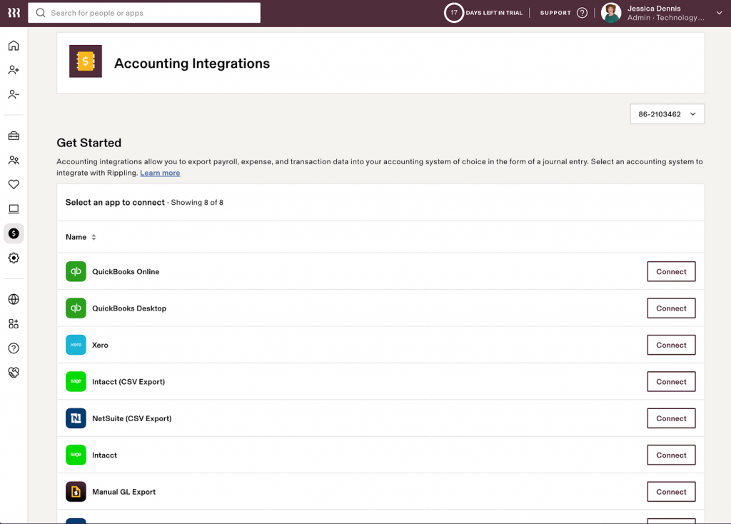 Rippling displays an accounting integrations dashboard with a list of accounting vendors, including QuickBooks Online, Xero, Intacct, and NetSuite.