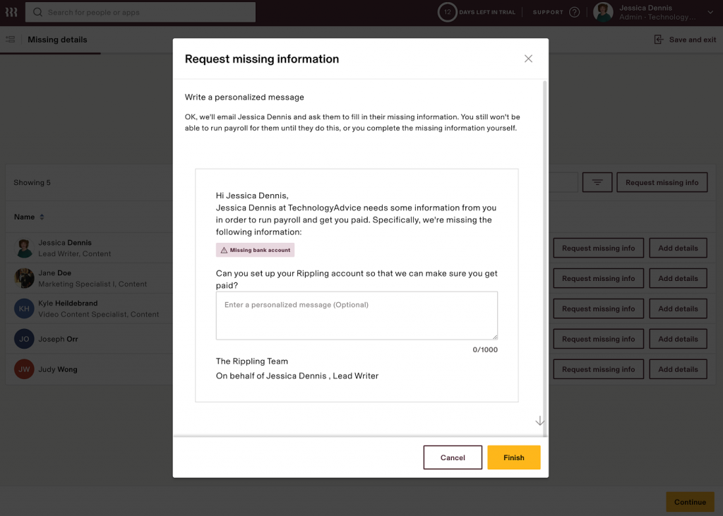 Rippling displays a pop-up window previewing an email it will send to an employee named Jessica to provide their banking information for payroll.