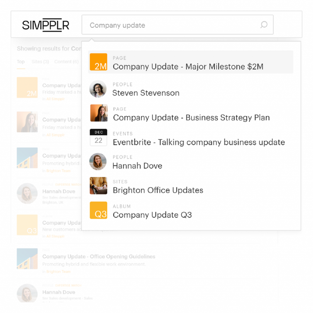 Simpplr displays a dialogue box with a list of suggested search items, including company updates, employee profiles, and upcoming events.