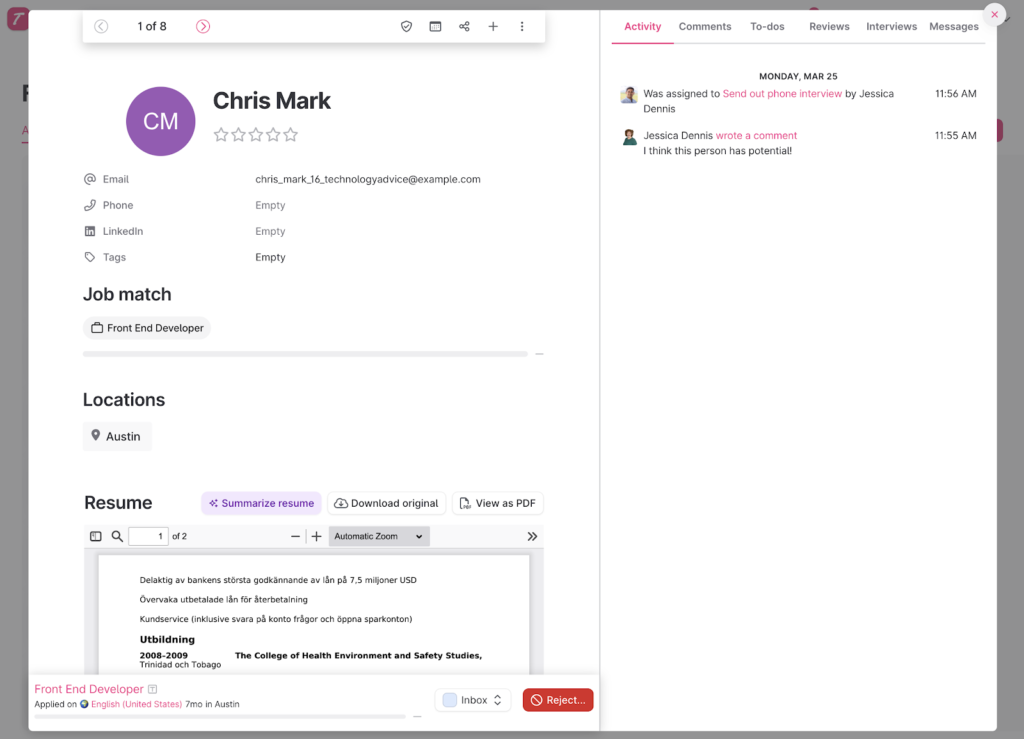 Teamtailor displays an application for a candidate named Chris Mark with demographic information, résumé, and tabs on the right for activity, comments, to-dos, reviews, interviews, and messages related to the application.