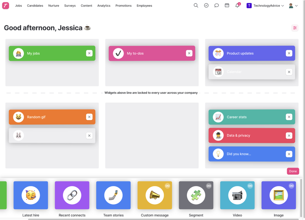 Teamtailor displays six gray boxes plus a horizontal list of blocks at the bottom reading latest hire, recent connect, team stories, custom message, video, and image, which you can drag into the gray boxes.