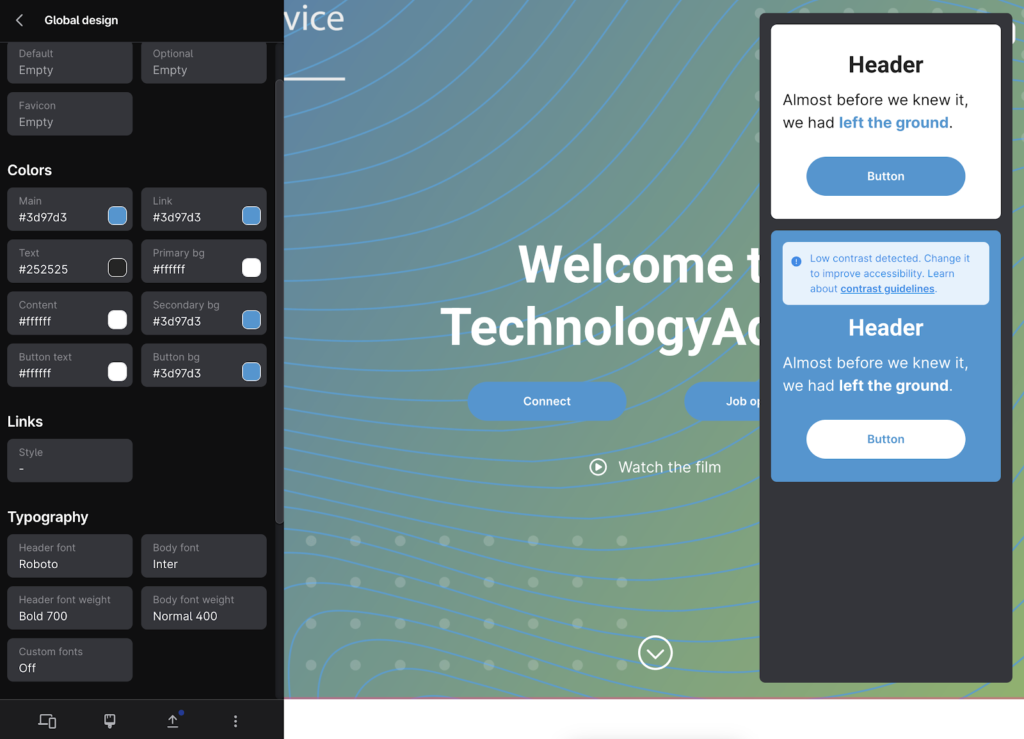 Teamtailor displays a dashboard with options to change the colors, links, and typography of your career site on the left, plus a preview of the career site with the title "Welcome to TechnologyAdvice" in the middle.