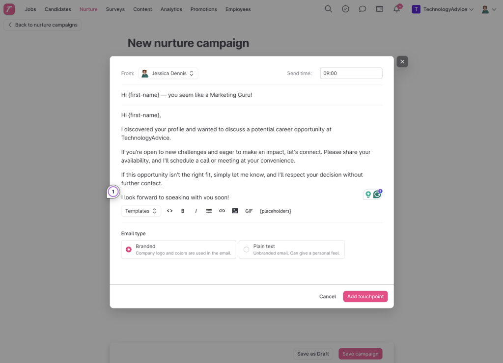Teamtailor displays a nurture campaign dashboard with a pop-up window that shows an example email soliciting a candidate with marketing skills, as well as options for links, images, GIFs, placeholders, and company branding.