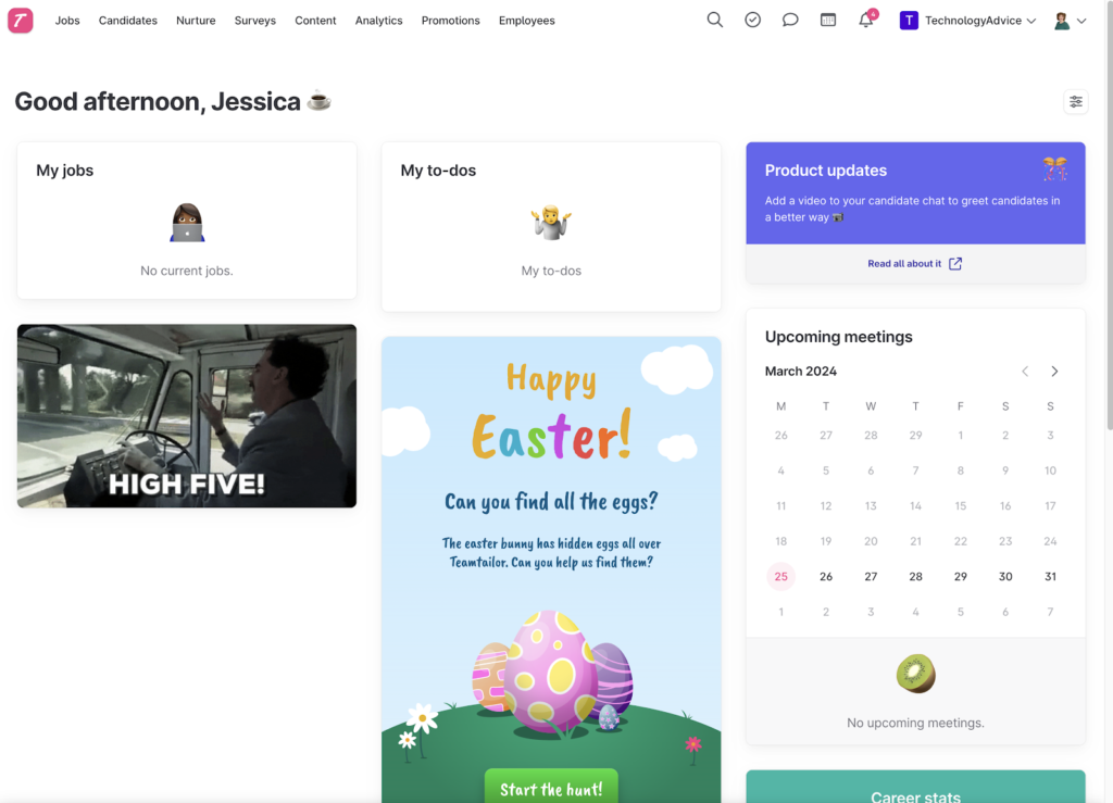 Teamtailor displays a homepage with links to jobs, candidates, nurture, surveys, content, analytics, promotions, and employees at the top, plus widgets for my jobs, my to-dos, and upcoming meetings calendar.