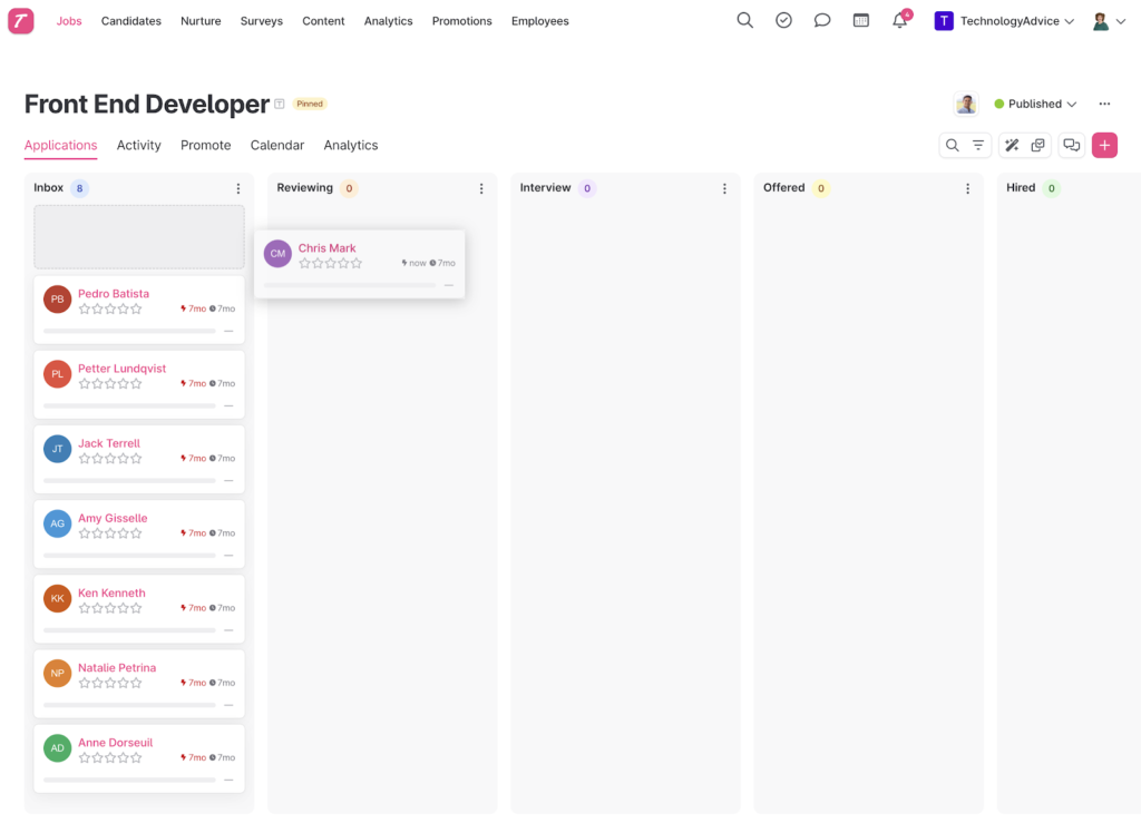 Teamtailor displays a recruitment pipeline for a front-end developer with columns for inbox, reviewing, interview, offered, and hired, and a candidate named Chris Mark moving from the inbox to the reviewing column.