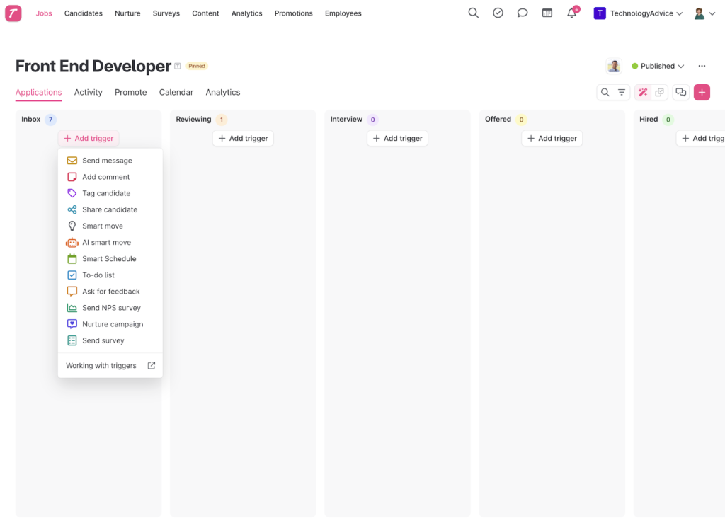 Teamtailor displays a recruitment pipeline for a front-end developer with columns for inbox, reviewing, interview, offered, and hired with buttons for add trigger under each column; the add trigger button is highlighted under the inbox column and reveals a dropdown menu for sending a message, adding a comment, tagging, and smart move automations.