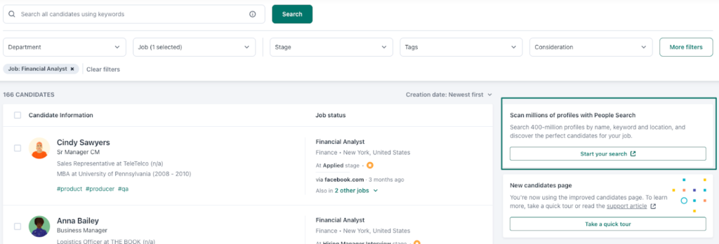 Workable displays a dashboard with a search bar at the top and filters for department, job, stage, tags, and consideration; the middle includes a list of candidates, while the right shows a button to scan profiles using People Search.