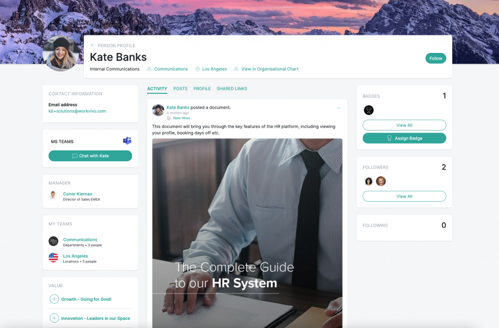  Workvivo displays recent activity on an employee's profile.