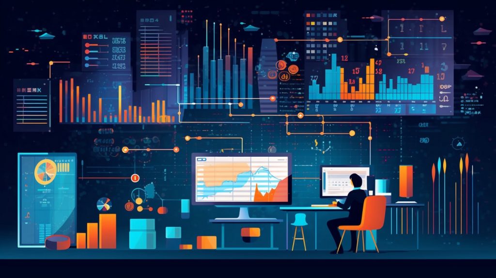 Man in chair before a screen showing multicolored bar charts and graphs, deeply engaged in applying data analysis techniques.