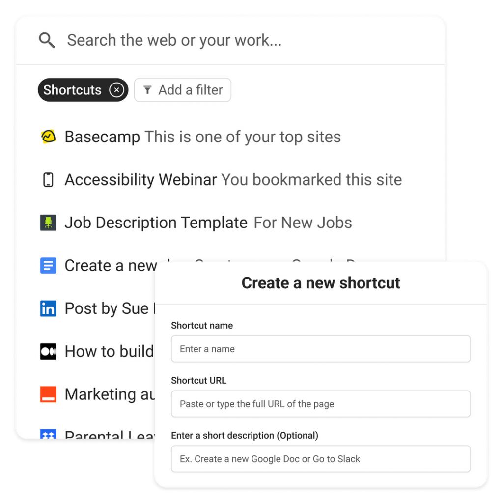 Assembly displays a list of shortcuts for several integrated platforms, including Basecamp, ZipRecruiter, and Google Docs, and a dialogue box to create a new shortcut.