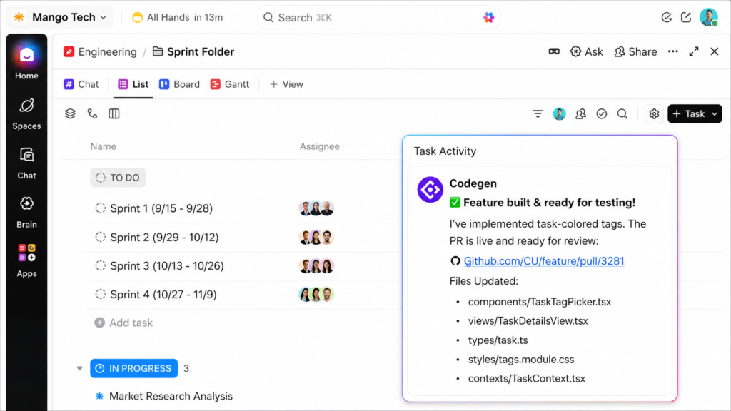 ClickUp sprint folder showing four sprint lists and a Codegen task activity panel with a pull request link and updated files.