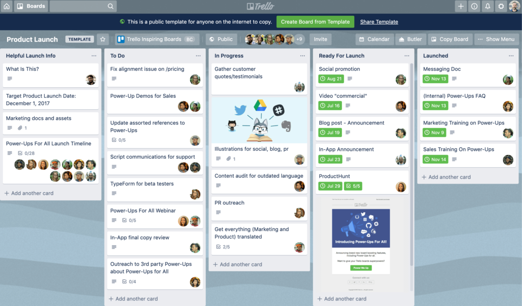 Trello product launch board with cards organized into Helpful Launch Info, To Do, In Progress, Ready for Launch, and Launched columns.