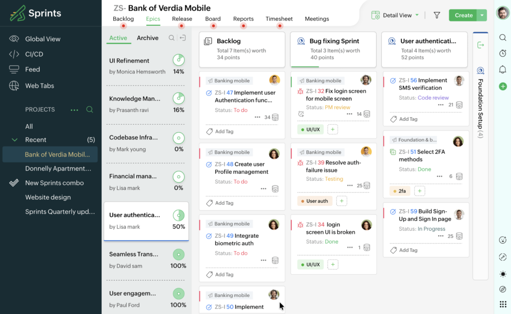 Zoho Sprints epics view showing backlog items and sprint tasks grouped into columns with story points, status, tags, and assignees.