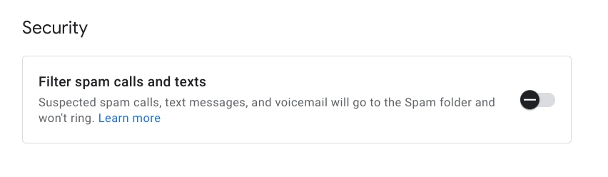Google Voice security feature with spam filtering button.