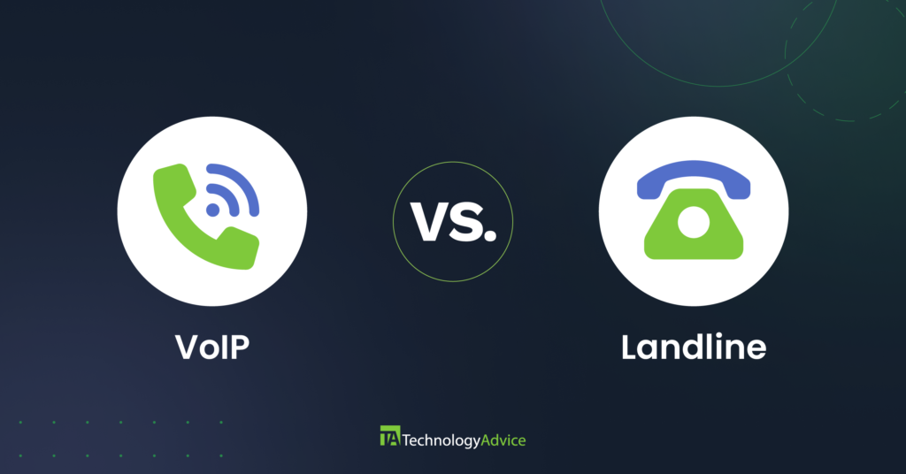 Lime green telephone icons over VoIP vs landline text in white on a dark blue background.