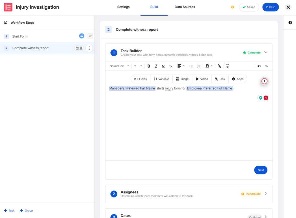 GoCo displays a workflow builder dashboard with workflow steps listed on the left and a document on the right with options to build a task, add assignees, and include dates.