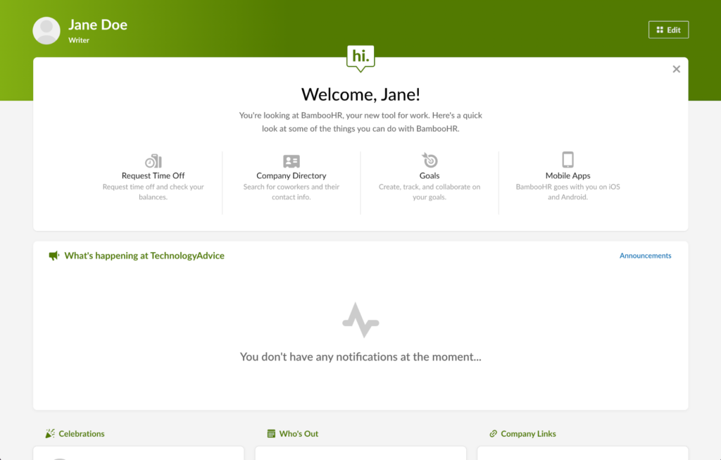 BambooHR displays a homepage for a new employee named Jane with a list of platform capabilities at the top and a notification widget at the bottom stating Jane does not have any to-dos.