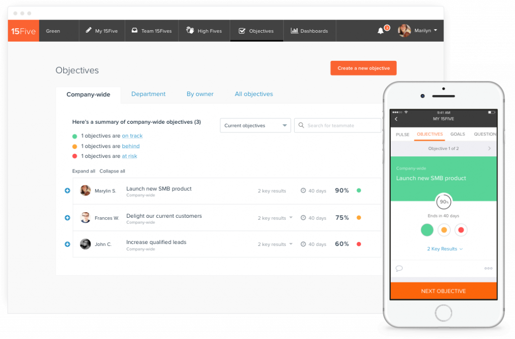 15Five displays a dashboard with a summary of company-wide performance against 3 main objectives.