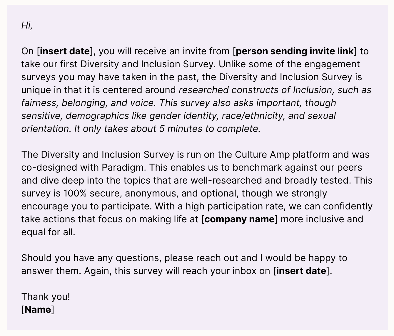 CultureAmp's template for a DEI survey invitation email. 