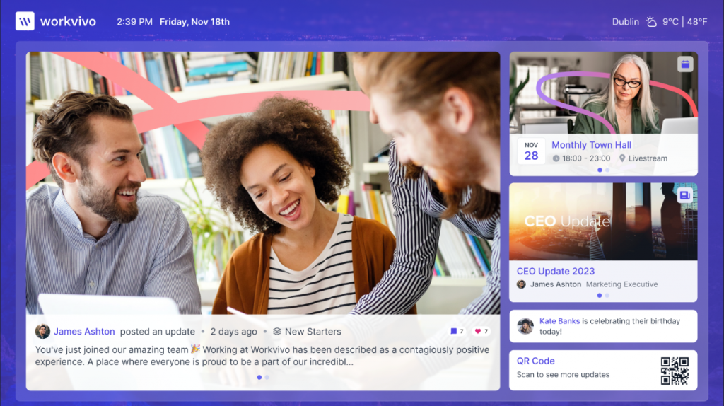 Workvivo displays company announcements, upcoming events, and a QR code that leads to additional updates.