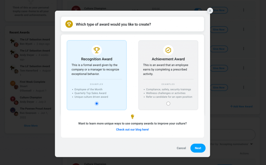 Motivosity displays a dialogue box for selecting a recognition award or achievement award.