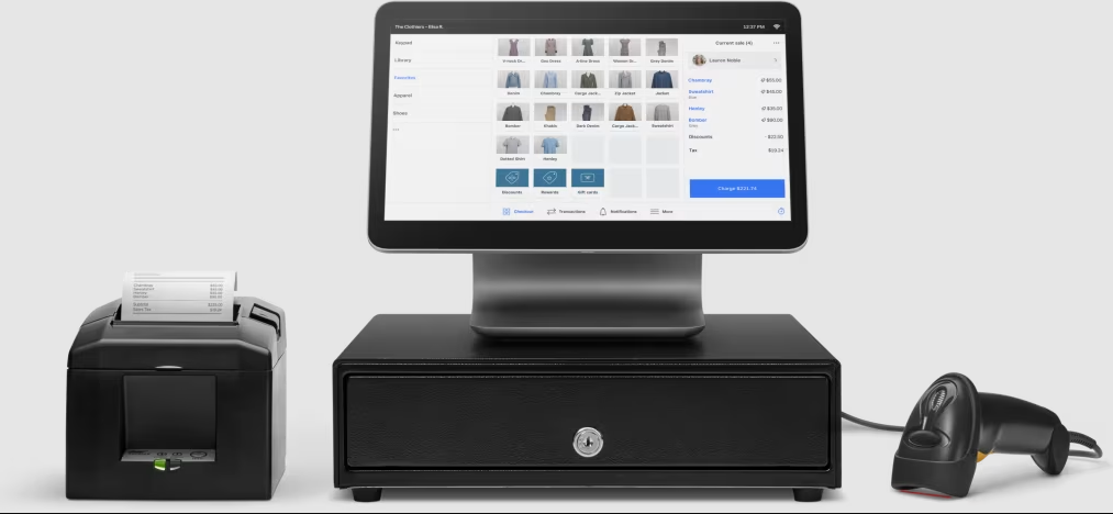 Square Register with cash drawer, barcode scanner, and receipt printer.