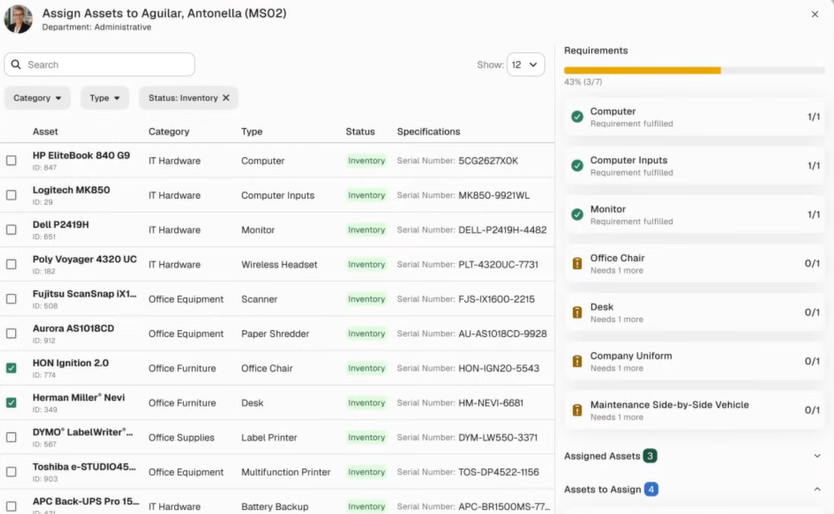 Paycom asset management screen with items assigned to an employee